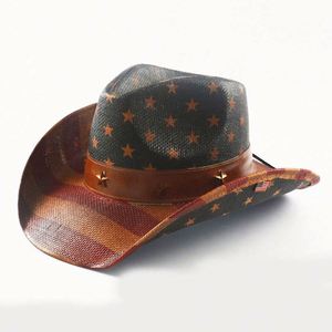 High Quality Bulk Men's Paper <b>Straw</b> Cowboy Hat <b>Straw</b> Hat Roll up Brim Sombreros Us Flag Western Cowboy Hat - Product Image 1