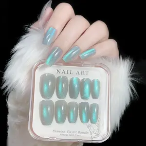 24 Stuks Lang Ballet Cat Eye Nude Color Print Valse Nagels Met Lijm Kroon Strass Decoratie Design Pers Op Manicure Tips