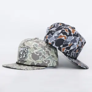 Oem โลโก้พิมพ์ดิจิตอลที่กําหนดเองโรงเรียนเก่า 5 แผงกีฬาเชือกหมวกกอล์ฟเป็ด Camo Gorras ปีกแบนโครงสร้าง Snapback หมวก