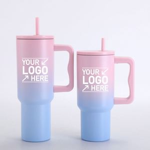 Bouteille d'eau isotherme en acier inoxydable réutilisable de 40 oz avec logo personnalisé, compatible porte-gobelet, avec poignée et couvercle à paille - Product Image 1