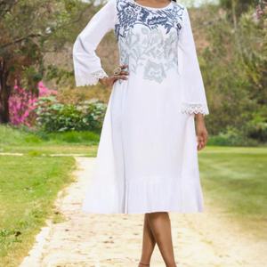 Vestido Midi de Verano Personalizable de Algodón y Lino con Cuello Redondo, Estilo Casual, Línea A, Manga Larga y Bordado para Mujer - Product Image 1