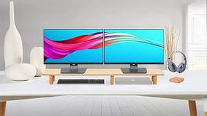 Support de bureau double écran surélevé <span class=keywords><strong>en</strong></span> <span class=keywords><strong>bois</strong></span> de noyer noir massif, marron, <span class=keywords><strong>pour</strong></span> <span class=keywords><strong>ordinateur</strong></span> portable/TV/PC/imprimantes, usage commercial - Product Image 4