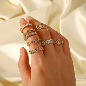 18K Gold Plated Cubic Zirconia Diamond Ring Adjustable Open Stainless Steel Women Jewelry Shiny Zircon Stackable Wedding Ring