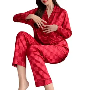 Pyjama en Satin à manches longues pour femme, vêtement de maison en soie glacée, grande taille 4XL, nouvelle mode