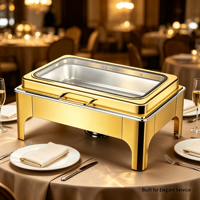 Plat de service de luxe doré avec couvercle en verre plat, chauffe-plat en acier inoxydable 4,5 L résistant à la chaleur pour la restauration