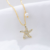 FULSUN Bijoux de Mode Collier de Perles en Argent Sterling 925 Pave Zircon Plaqué Or Perle d'Eau Douce Étoile de Mer Charme Colliers