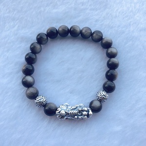 Pietra naturale Ossidiana Argento Pixiu S925 Sterling Silver Fortune Fortunato di Fascino del Braccialetto degli uomini - Product Image 1
