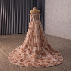 251147 Vestido de Fiesta Formal Elegante con Cuello Barco, Color Marrón, con Lentejuelas y Flores 3D, Corte en A - Product Image 4