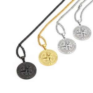 Collier pendentif boussole en acier inoxydable pour homme, chaîne longue, style pièce de monnaie, bijoux cadeau, options de couleurs noir, or, argent - Product Image 1