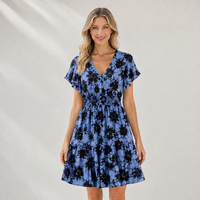 Robe décontractée pour femme, coupe ample, à manches courtes, col en U, imprimé numérique tissé, motif fleur d'iris bleu roche, service OEM, été 2026
