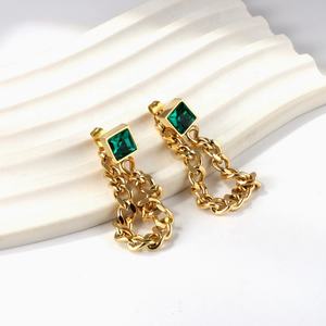 Pendientes de Cadena Largos de Acero Inoxidable con Borla Cuadrada Verde y Circonita, Chapados en Oro Amarillo de 18k, Joyería de Moda para Fiesta, Regalo - Product Image 3
