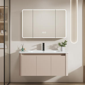 Meuble de salle de bain mural en bois massif, résistant aux intempéries, avec miroir LED intelligent anti-buée et vasque intégrée en pierre. - Product Image 2