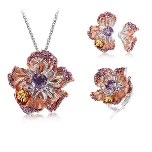 Fashion Bauhinia Flower 925 Sterling Silver Amethyst Jewelry Set for Women