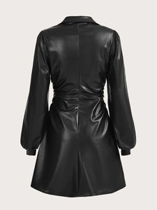 Chic artı boyutu siyah suni deri aplikler kadınlar için doğal bel seksi zarif rahat elbise ODM - Product Image 5