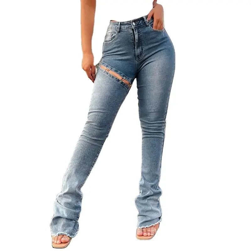 Pantalones vaqueros de poliéster y LICRA para mujer, jeans de cintura con cremallera, informales, color azul, diseño personalizado, nuevo