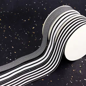 Hight quality custom black and white striped stitched woven grosgrain ribbon for gift box packing