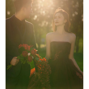 Dark Red Strapless Ball Gown Wedding Dress Empire Waistline Tulle Netting Fabric Simple Fashion Element - Product Image 5