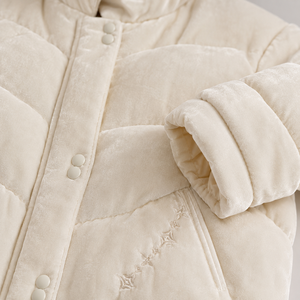 Women's Cream <b>Quilted</b> Fleece Jacket Stand Collar Full Sleeve <b>Winter</b> Warm Thick Coat Solid Color Button Closure Short Length - Product Image 4