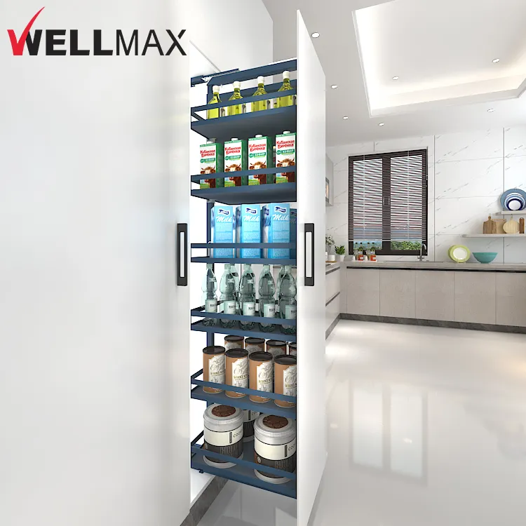 Armario organizador de despensa WELLMAX, Tobogán de cierre suave en tándem, Unidad de despensa extraíble alta, cesta para almacenamiento de cocina