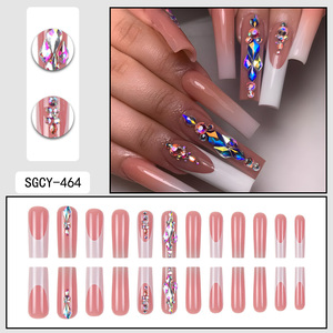 24pcs Long ABS Pipe Pattern Nail Simple White French & Gradient avec Sparkling Diamond Square Style Application Trends Fake Nail - Product Image 4