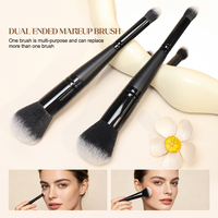Nouvelle conception, taille voyage, luxe, manche en bois professionnel, logo personnalisé, poils synthétiques véganes, pinceau de maquillage double embout pour le visage