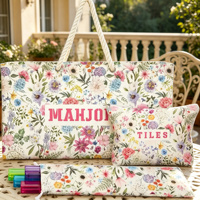 Ensemble de 3 sacs de rangement matelassés blancs à motifs floraux pour Mahjong, sacs portables pour accessoires de Mahjong, grande capacité, écologiques et durables