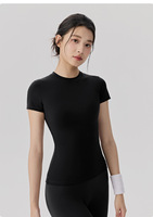 Atasan Lengan Pendek Wanita Bahan Spandex/Nylon Bernapas, Kerah Bulat, Model Regular Fit, Logo Depan, untuk Fitness, Yoga, dan Olahraga di Gym