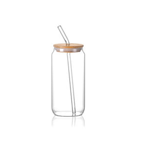 Gobelet à café en verre transparent de forme cylindrique de haute qualité, fabriqué directement par l'usine CnGlass, bouteille à boire pour le lait et le jus avec couvercle en bambou et paille - Product Image 1