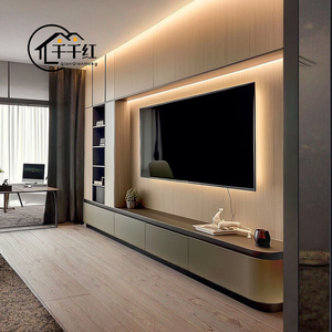 Meuble <span class=keywords><strong>TV</strong></span> mural de luxe moderne <span class=keywords><strong>avec</strong></span> rangement, design de panneau personnalisé, élégant, en bois, pour salon - Product Image 3