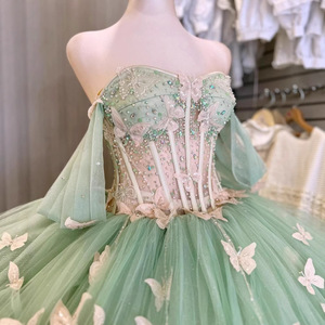 Light Green Off The Shoulder Ball Gown With Butterfly Applique Empire Waistline Evening Dress - Product Image 4