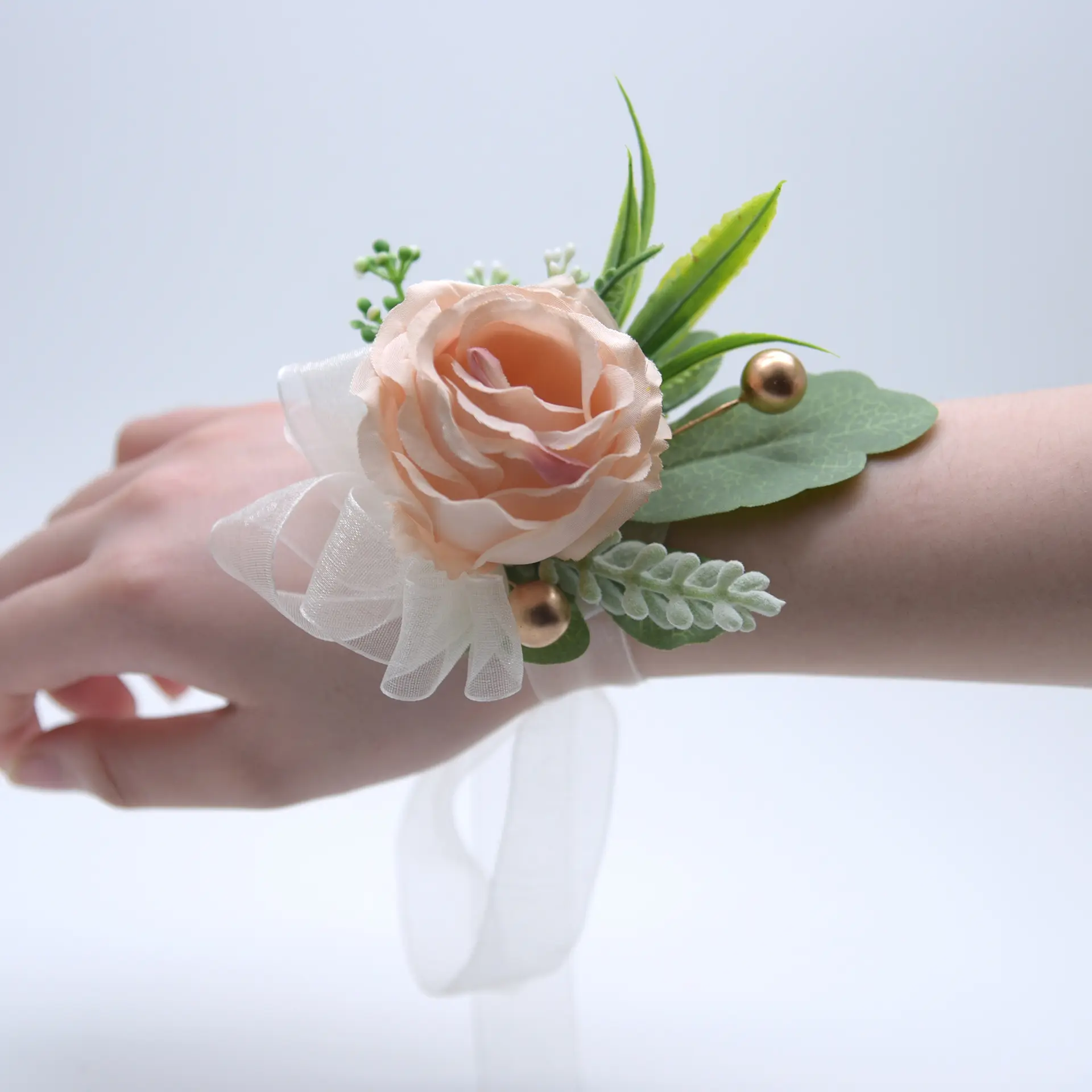 Bridal Wrist Corsage Wedding Bracelet For Bridesmaid Party Prom Ribbon Bracelet Artificial Roses Wrist Flowers