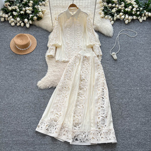 Set Blusa in <span class=keywords><strong>Pizzo</strong></span> e Gonna - Elegante Camicia a Maniche Lunghe + Gonna Midi a Vita Alta Svasata Completo da Donna - Product Image 4