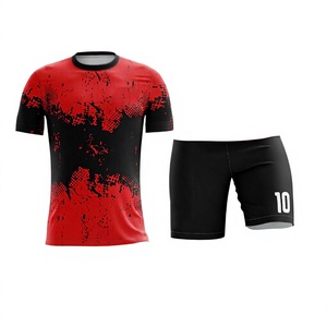 Ensemble de maillot et short de compression personnalisés pour hommes, sublimés, rouge et noir, vêtements de sport athlétiques, maillot d'entraînement à manches courtes avec numéro - Product Image 1