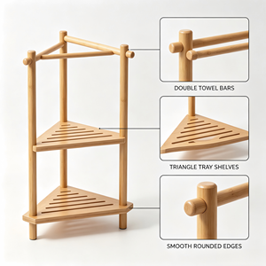 Portasciugamani da terra triangolare in bambù a 2 livelli con doppie barre <span class=keywords><strong>porta</strong></span> <span class=keywords><strong>asciugamani</strong></span> per l'organizzazione del bagno - Product Image 3