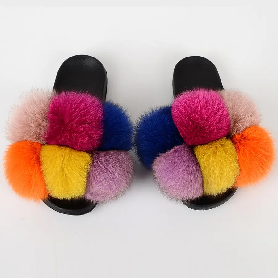 R41310S 2021 custom logo wholesale indoor plain rainbow mix colors faux fox sandals slides furry fluffy women's fur slippers