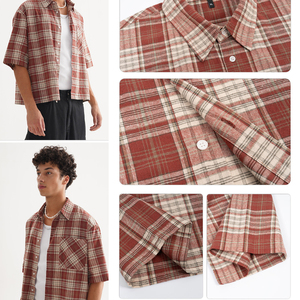 High Quality Cotton Boxy Cropped Short Sleeve Plaid <strong>Shirt</strong> Casual Fashion Cropped <strong>Check</strong> Button up <strong>Shirt</strong> for Men - Product Image 2