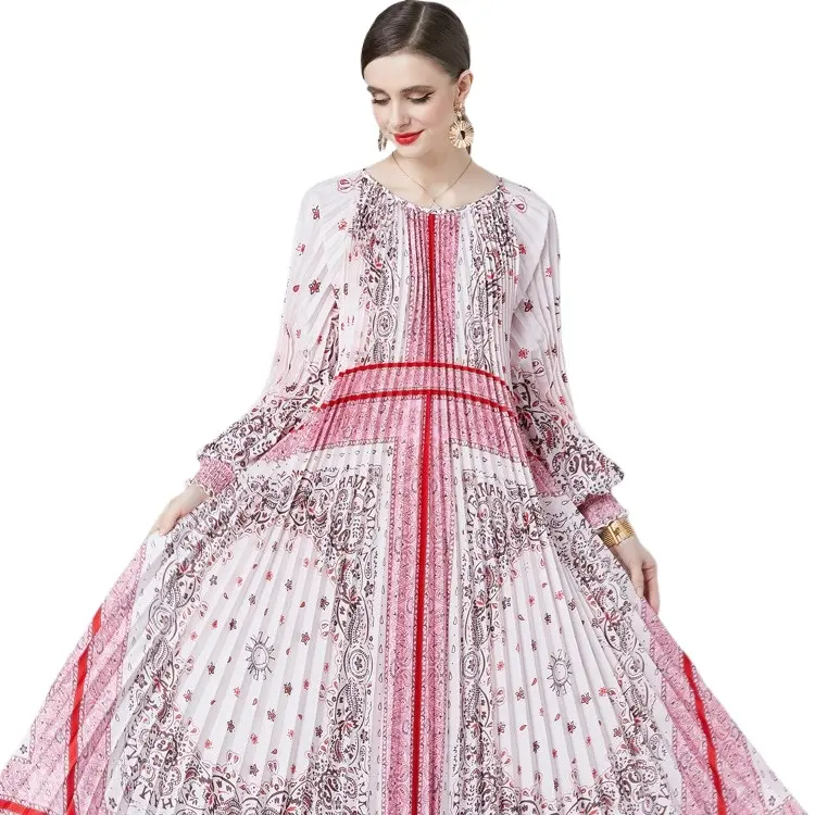 Primavera estate elegante abito lungo plissettato floreale bohémien con maniche a sbuffo per abbigliamento da festa da donna
