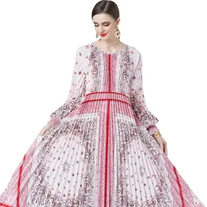 Spring Summer Elegant Bohemian Floral Pleated Long Dress With Puffy Sleeves For Women's Party Wear