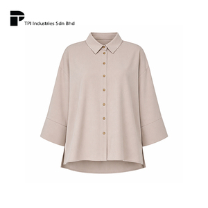 Chemisier Ondara à épaules tombantes beige, fournisseur OEM Malaisie, coupe asymétrique, blouse modeste, fente latérale, ouverture boutonnée, haut musulman - Product Image 1