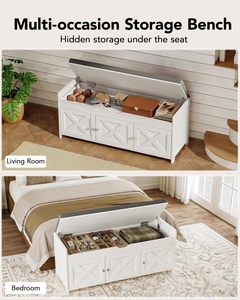 Banc de rangement blanc SENYU style ferme avec coussin gris et portes à panneaux en X, meuble d'entrée pour rangement de chaussures et organisation domestique - Product Image 4