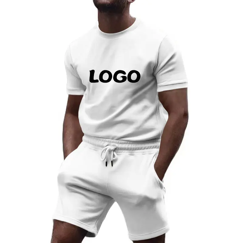 2024 새로운 디자인 사용자 정의 로고 남자의 스트리트웨어 조깅 세트 짧은 소매 단색 2 조각 반바지 운동복 남자의 티셔츠 세트