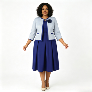 Ensemble élégant deux pièces pour femmes grandes tailles, veste à carreaux avec robe mi-longue à appliques, tenue formelle d'automne - Product Image 1