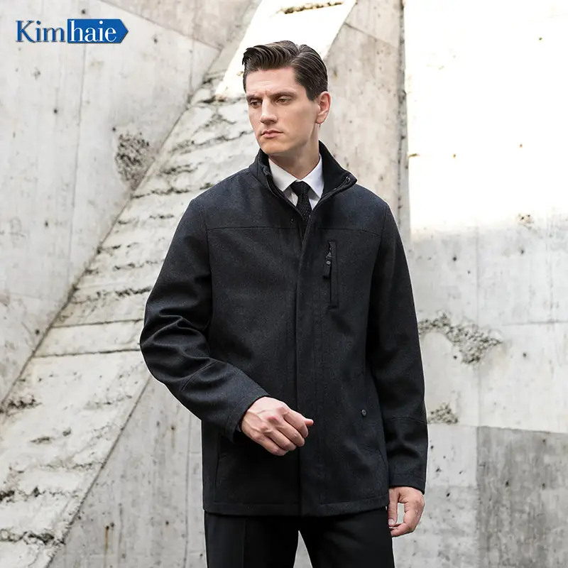 Mantel wol pendek kualitas terbaik mantel ukuran Plus pria desain terbaru grosir ritel mantel mode kerah berdiri arang pria mantel bisa dikustomisasi