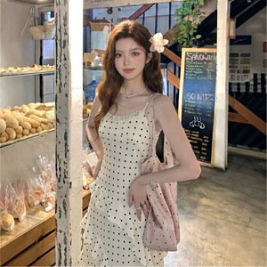 French Polka Dot Sundress Women Summer Ruffled A Line Long Skirt Spaghetti Strap Casual Dress Daily Wear Beach Travel - Product Image 5