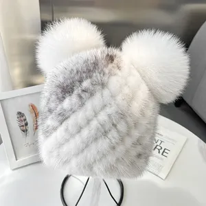 Chapeau tricoté en vraie fourrure de vison chaud pour <span class=keywords><strong>femme</strong></span>, <span class=keywords><strong>bonnet</strong></span> d'hiver à boutons, protection des oreilles, rayé jacquard, 100% fourrure de vison - Product Image 1