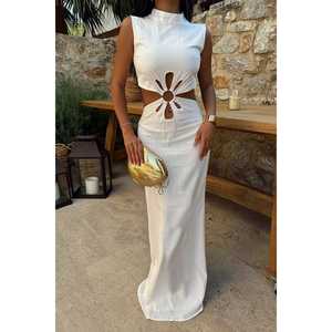 Robe de soirée longue en satin polyester blanc, coupe trapèze et droite, avec détail anneau à sequins, style simple, taille XL - Product Image 5