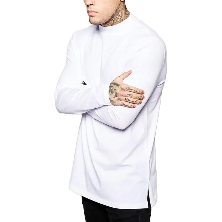 Wholesale Mens Long Sleeve Extended Tail Longline White T Shirts