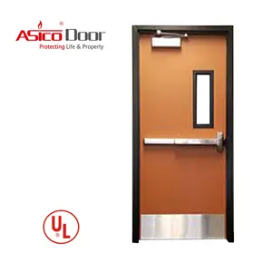 Puerta comercial de Metal hueca de acero con certificación UL, tamaño estándar americano, con barra de empuje de pánico y vidrio