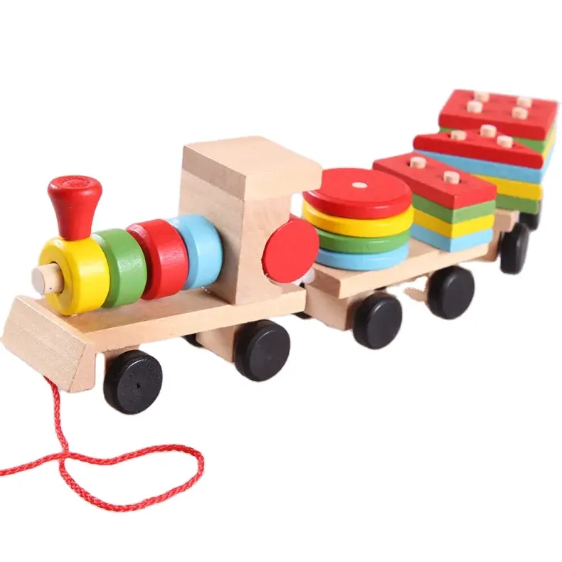 Carro de trem de madeira montessori, jogo de quebra-cabeça educacional sensorial com formato geométrico, brinquedo para crianças