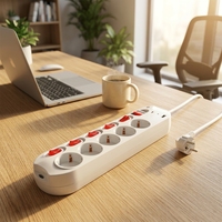 Prise allemande, 5 voies, 16A, 230V~, avec protection enfant, interrupteurs individuels et interrupteur principal, EMC GS